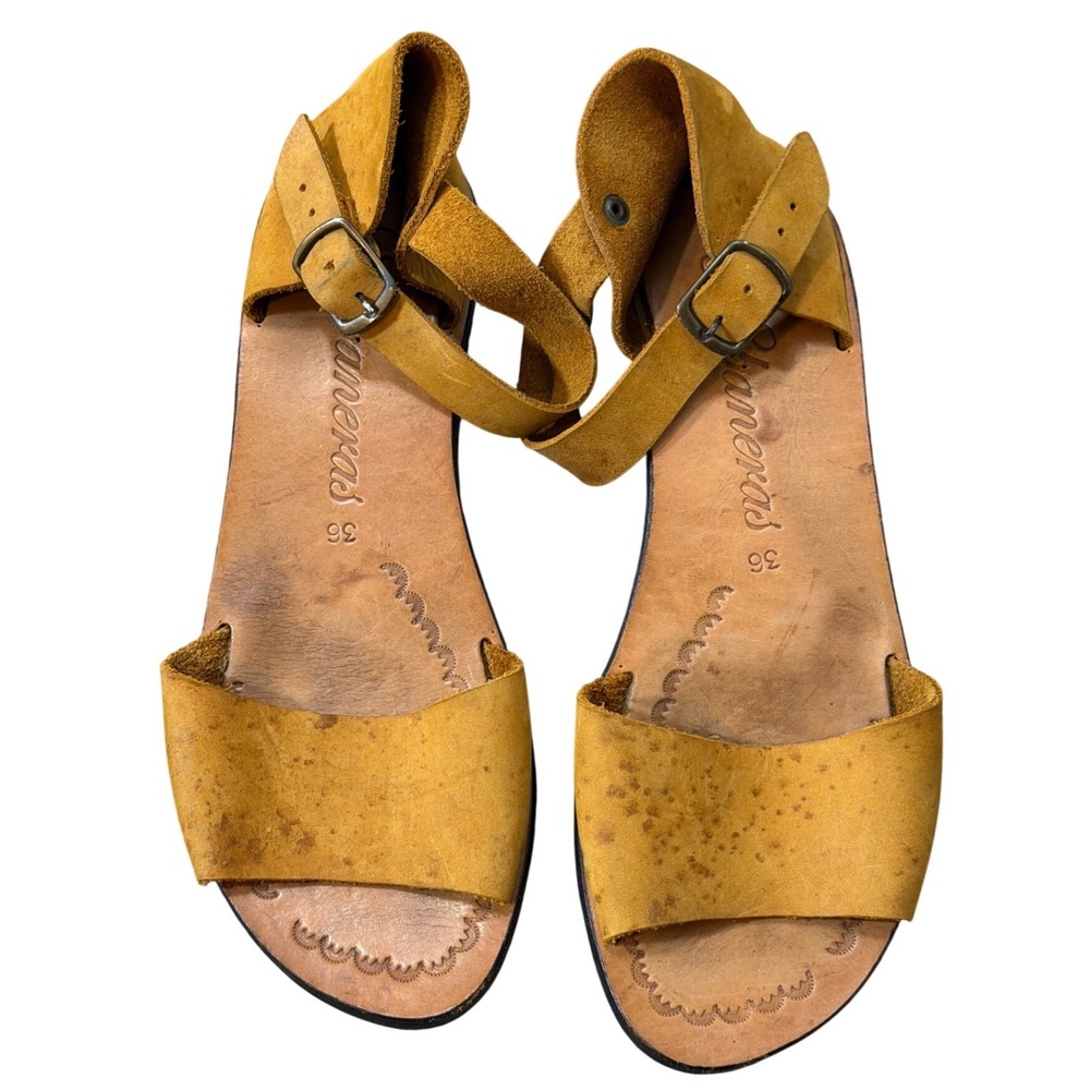 Habaneras Mustard Yellow Leather Ankle Strap Sandals Size 36 Bohemian Coastal